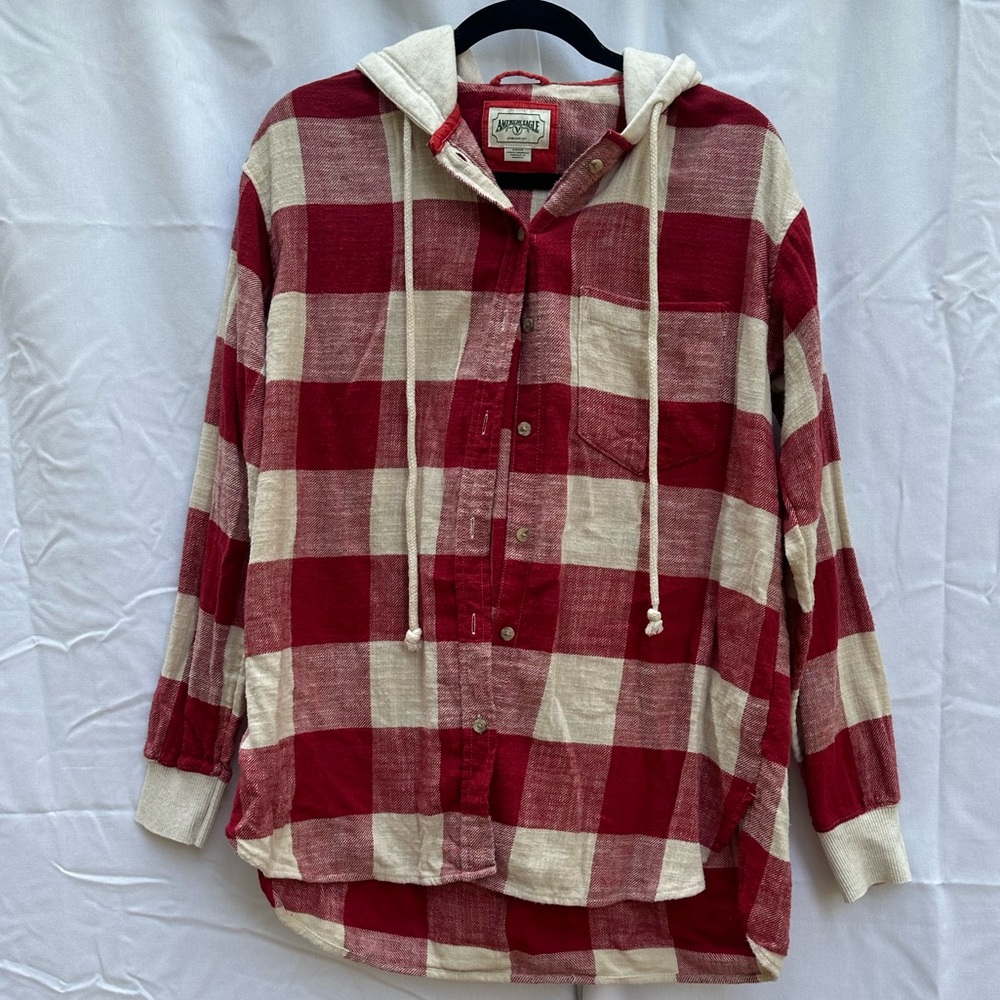 American Eagle Womens Flannel Button Down w/ Hood Size Small Color Red Plaid